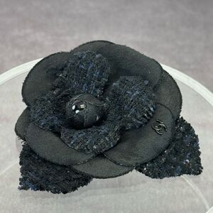 Chanel Black Tweed Camellia Brooch